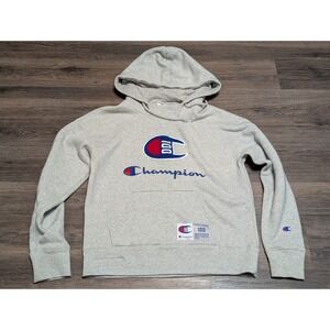 Champion 100th Anniversary Hoodie Gray Pullover Logo Spell Out Sweatshirt Small